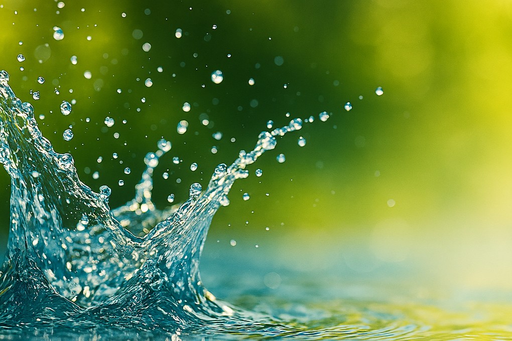 光に満ちた水面から、大自然の清流が激しくダイナミックに弾け飛ぶ瞬間を捉えたクリスタルな透明感のある水の概念図