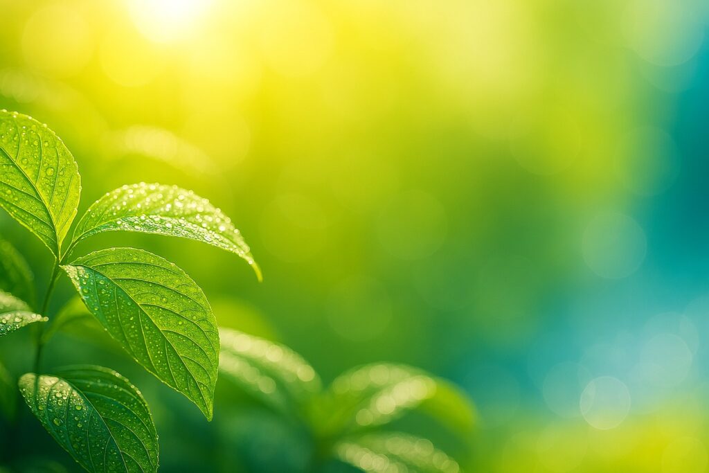 左上から差し込む眩しい朝陽の木漏れ日を浴びて、朝露をまとった若草色の熱帯雨林の葉が瑞々しく輝く概念図