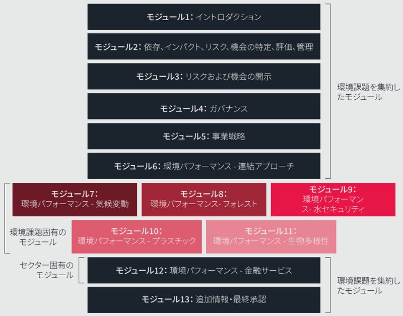 CDP2025コーポレート質問書におけるモジュール構造(環境課題を集約した共通モジュール1〜6・12〜13と、気候・森林・水・プラ・生物多様性の課題固有モジュール7〜11)を示した体系図