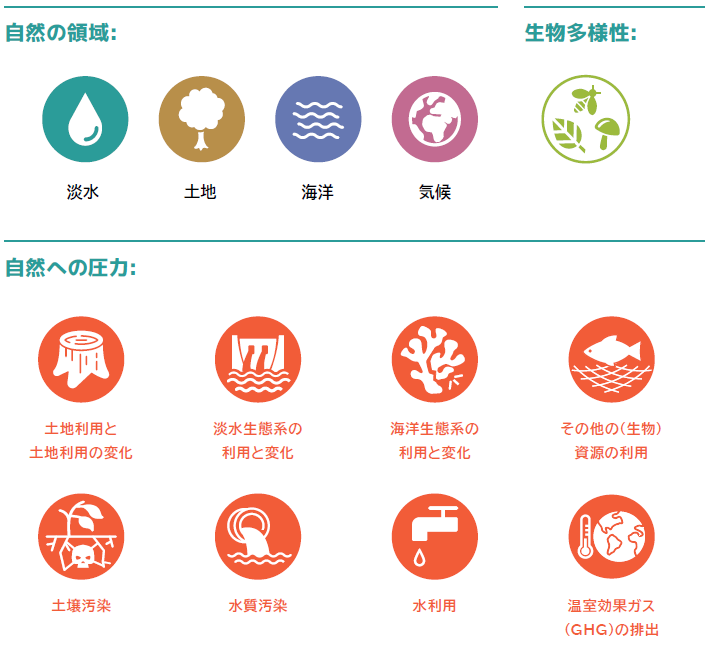 SBTN(Science Based Targets Network)における「自然の領域(淡水・土地・海洋・気候)」と「自然への圧力」の分類を示した概念図